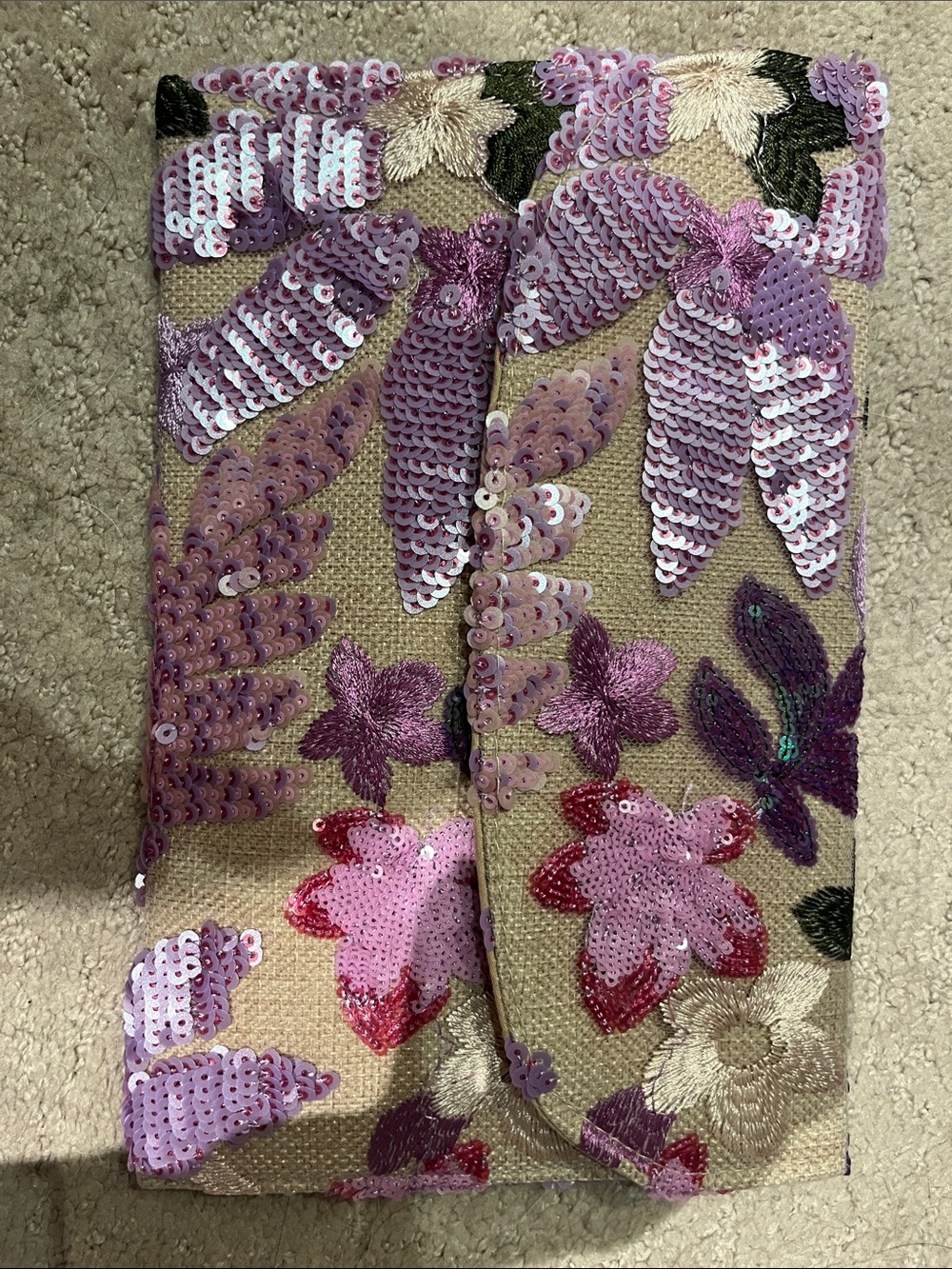 Amazon Beige Floral Sequin Clutch with Pink & Purple Embroidery